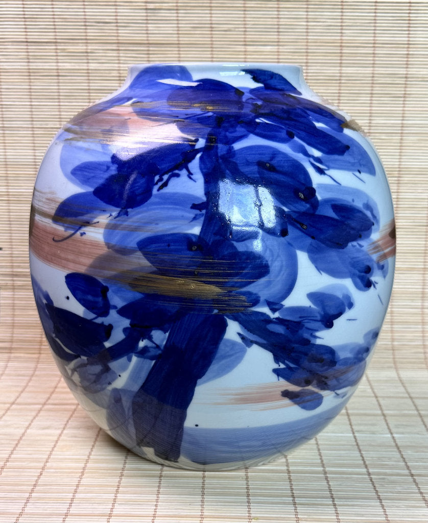 Vintage Japanese Porcelain Vase, Abstract Blue Hydrangea Brushwork, Gold Accent