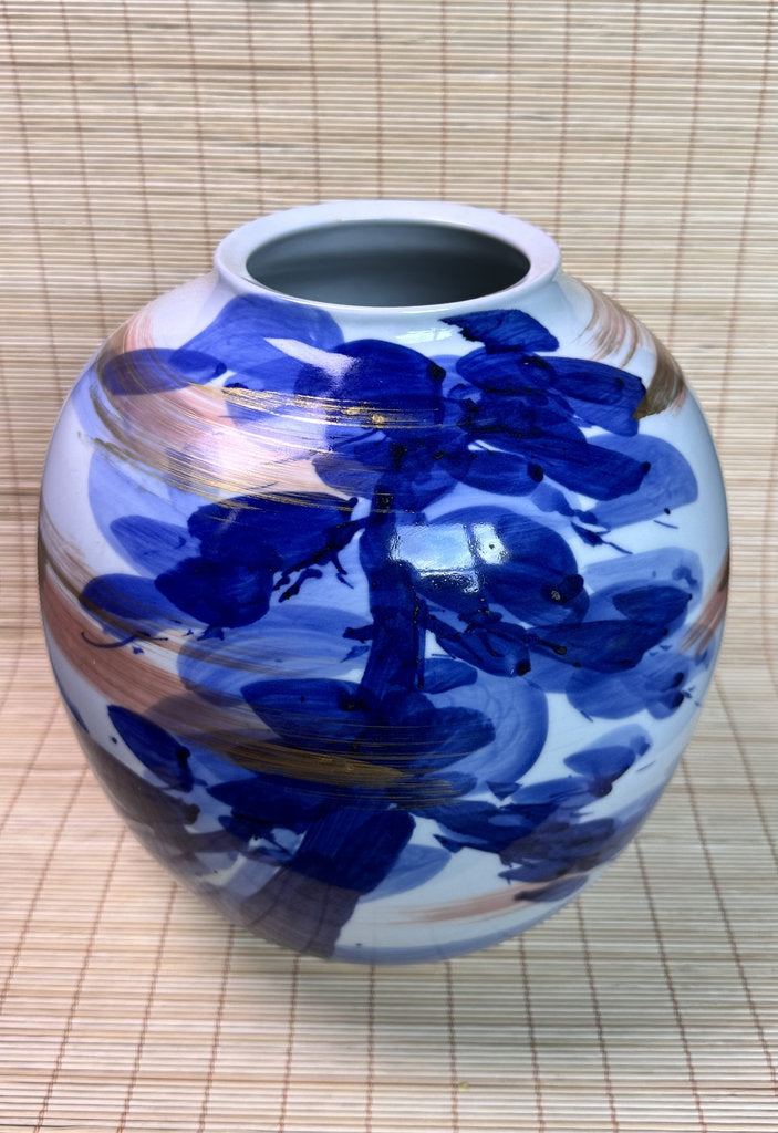 Vintage Japanese Porcelain Vase, Abstract Blue Hydrangea Brushwork, Gold Accent