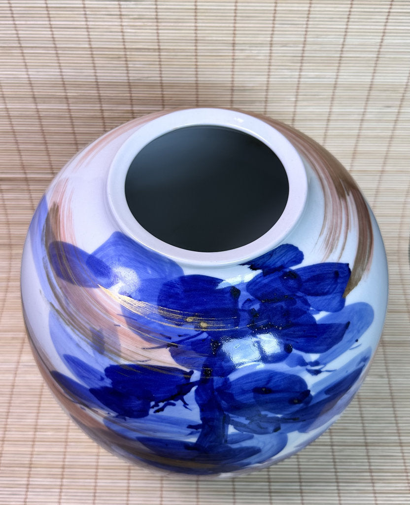 Vintage Japanese Porcelain Vase, Abstract Blue Hydrangea Brushwork, Gold Accent