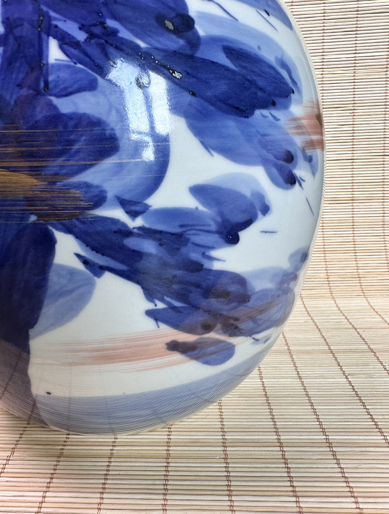 Vintage Japanese Porcelain Vase, Abstract Blue Hydrangea Brushwork, Gold Accent