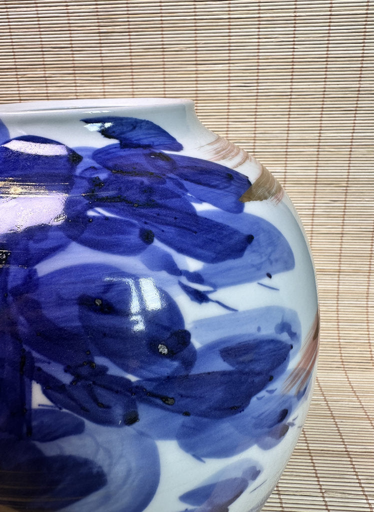 Vintage Japanese Porcelain Vase, Abstract Blue Hydrangea Brushwork, Gold Accent