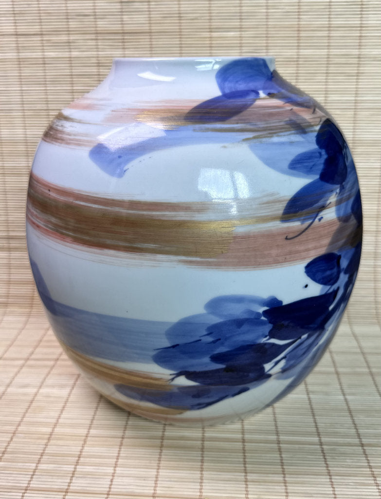 Vintage Japanese Porcelain Vase, Abstract Blue Hydrangea Brushwork, Gold Accent