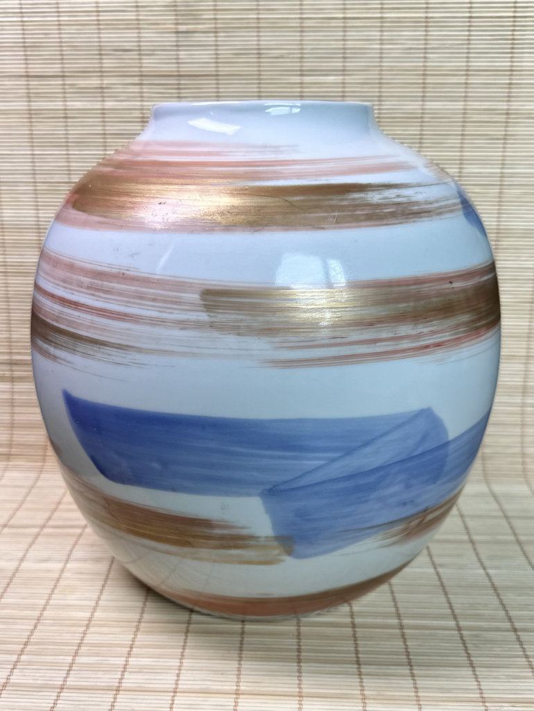 Vintage Japanese Porcelain Vase, Abstract Blue Hydrangea Brushwork, Gold Accent