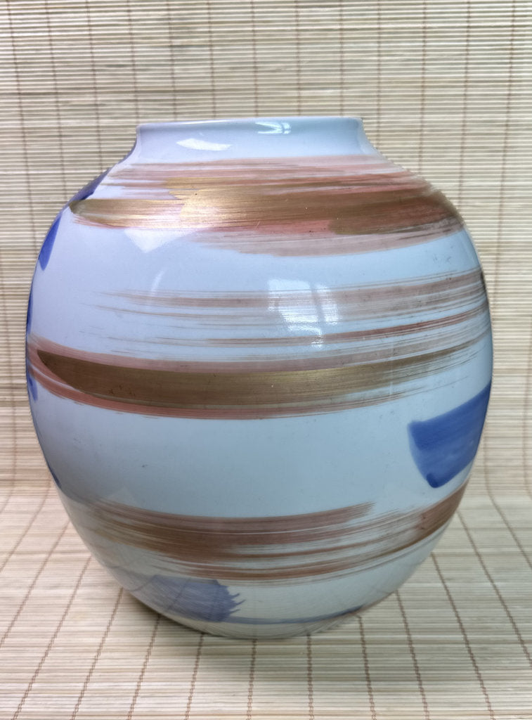 Vintage Japanese Porcelain Vase, Abstract Blue Hydrangea Brushwork, Gold Accent