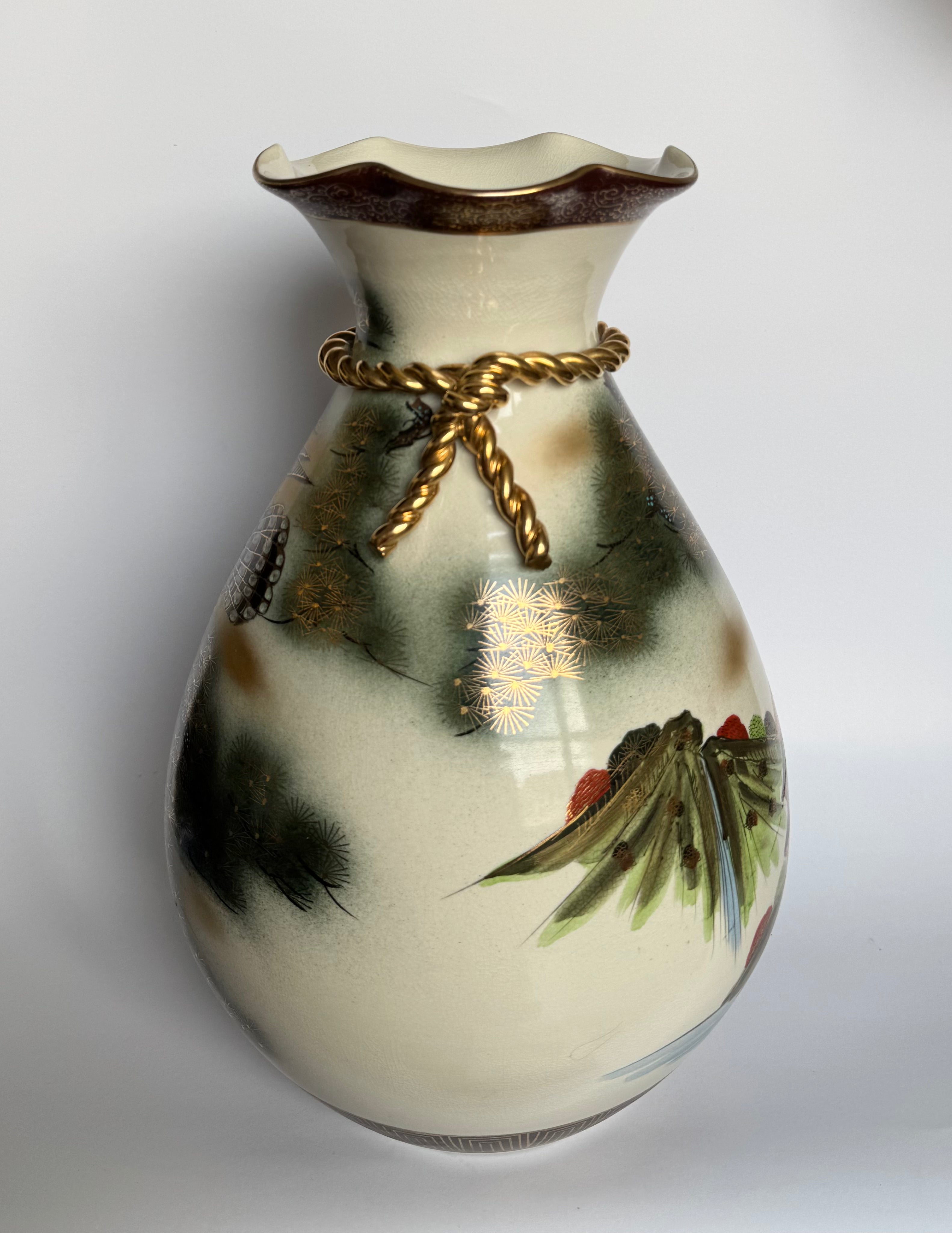 Vintage Meiji Satsuma Vase – Eagle & Pagoda Landscape, Rope-Neck Bag Form, Hand-Painted Gold