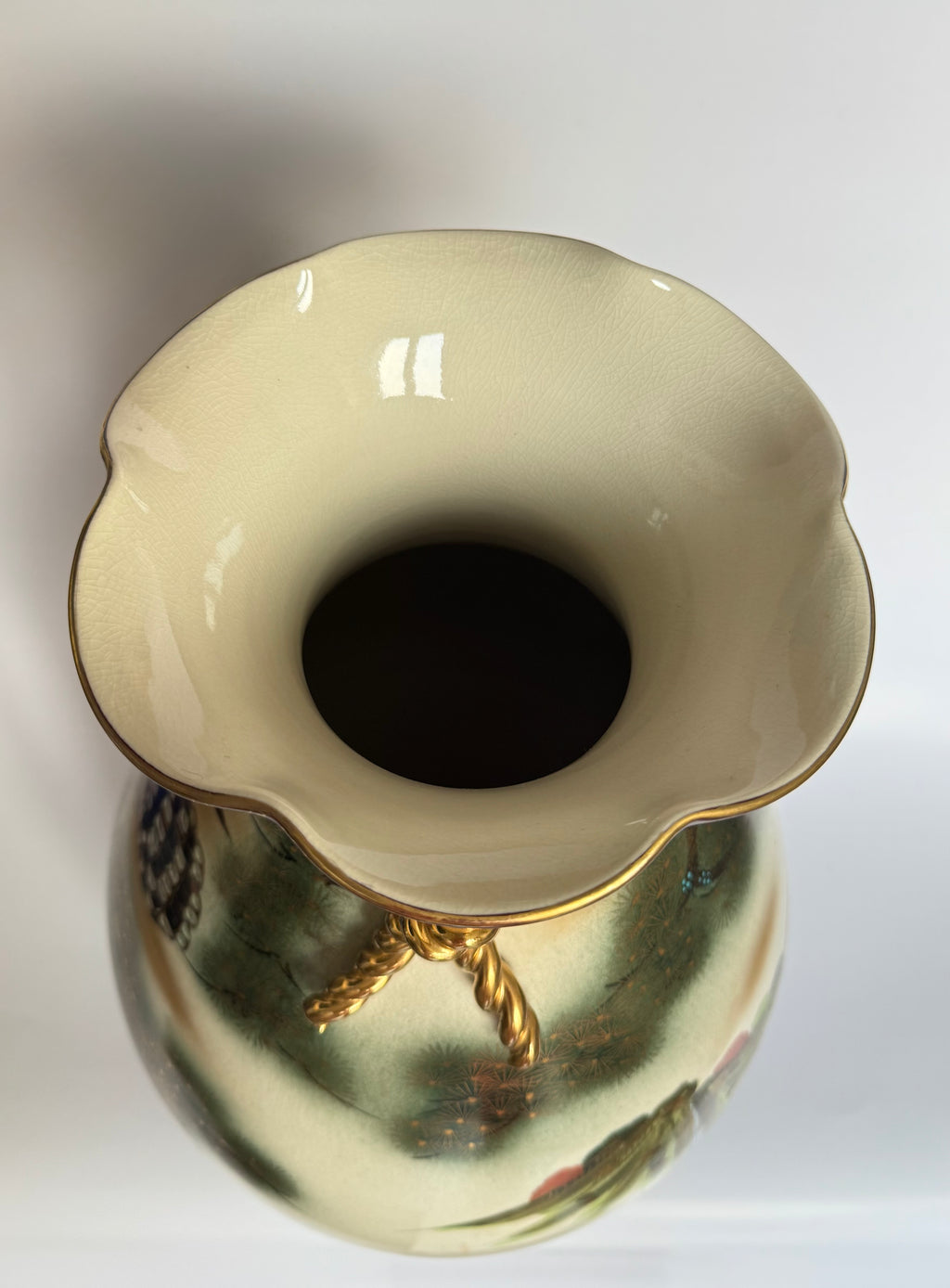 Vintage Meiji Satsuma Vase – Eagle & Pagoda Landscape, Rope-Neck Bag Form, Hand-Painted Gold