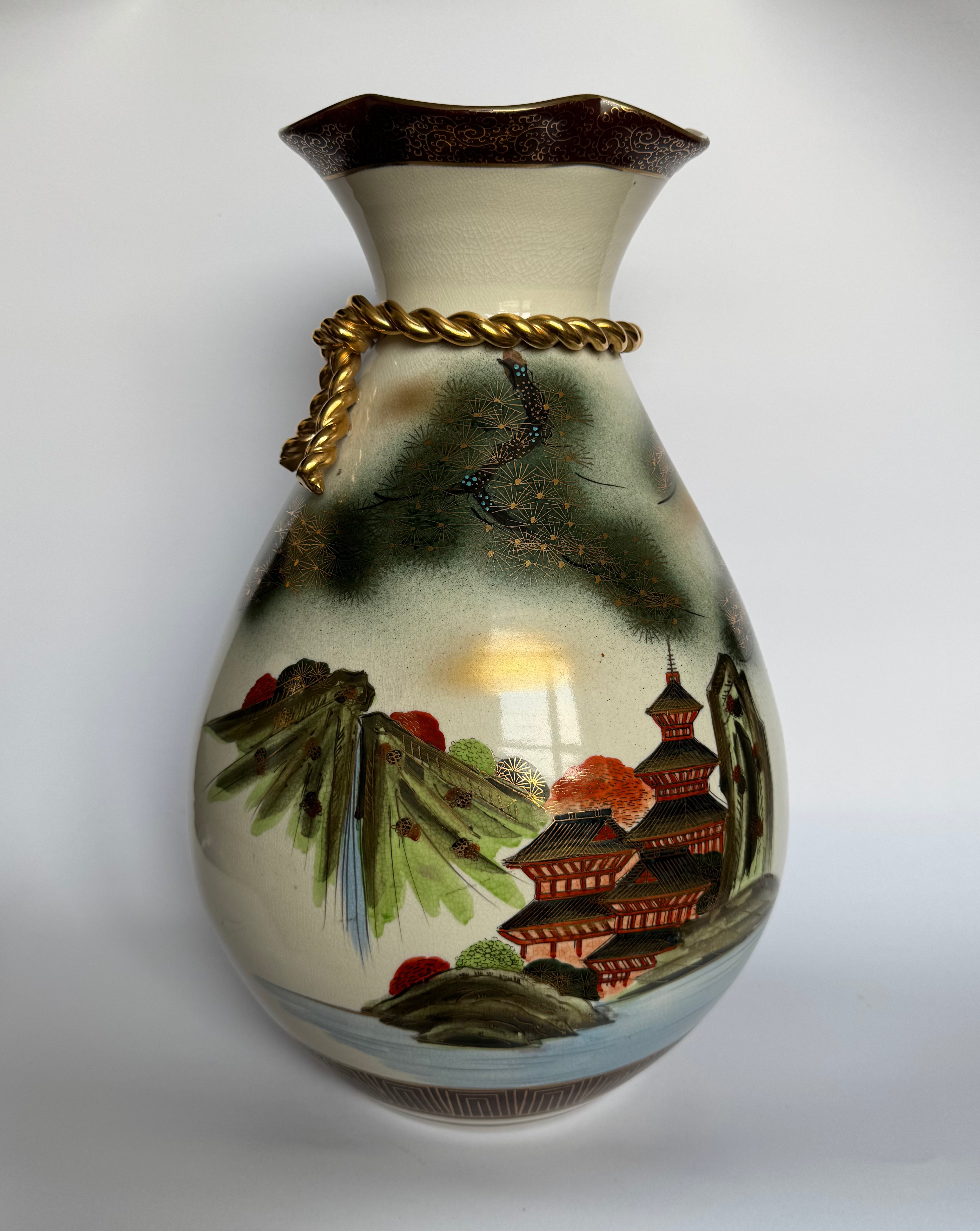 Vintage Meiji Satsuma Vase – Eagle & Pagoda Landscape, Rope-Neck Bag Form, Hand-Painted Gold