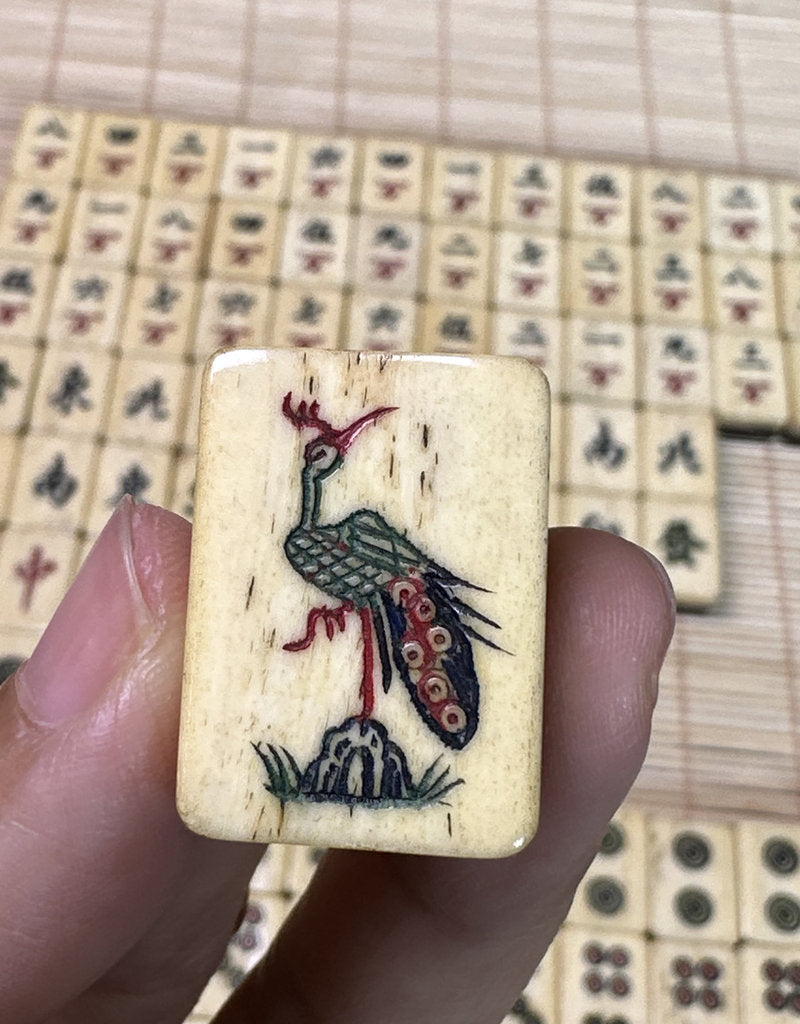 Vintage Japanese Mahjong Set, Hand-Carved Bone Tiles, Display Collectible