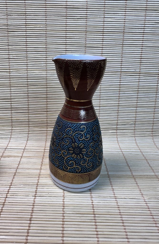 Vintage Kutani Sake Set, Blue and Gold Brocade Design, Tokkuri and Cups