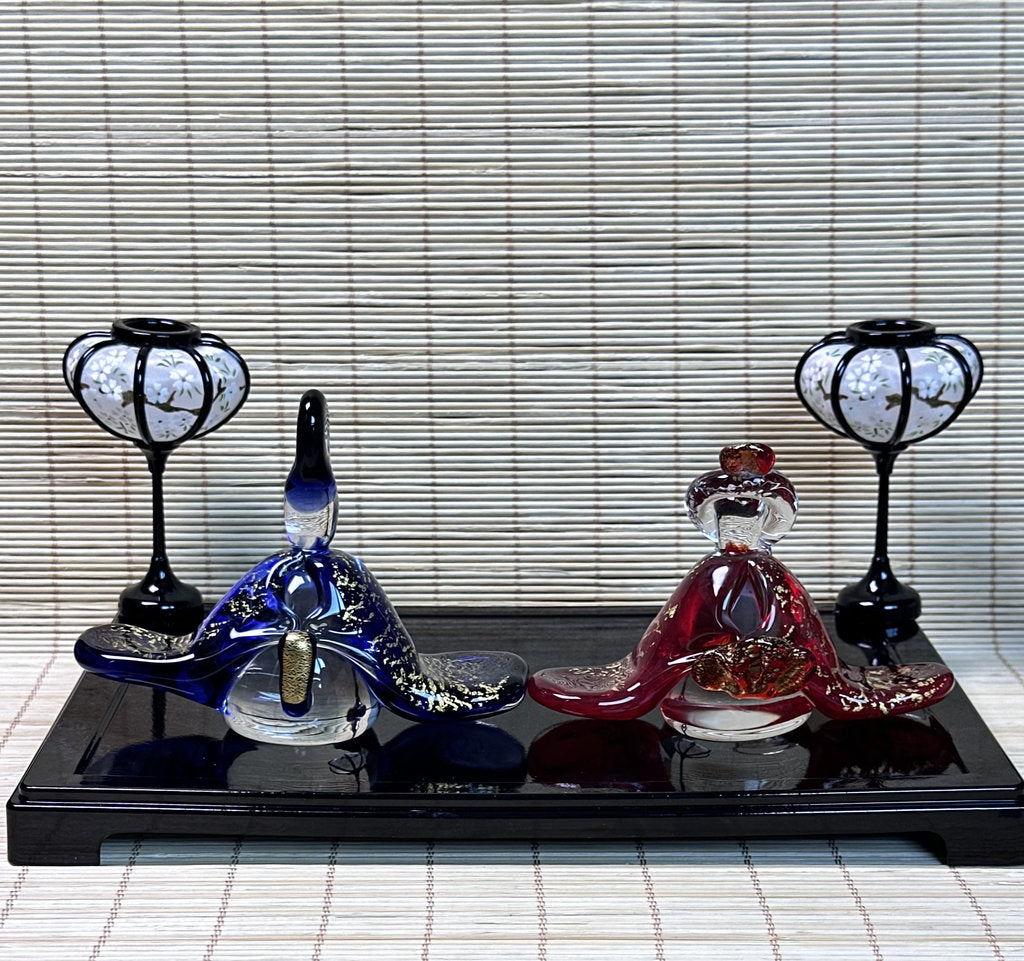Pair of Japanese Gold Fleck Art Glass Bird Sculptures, King and Queen