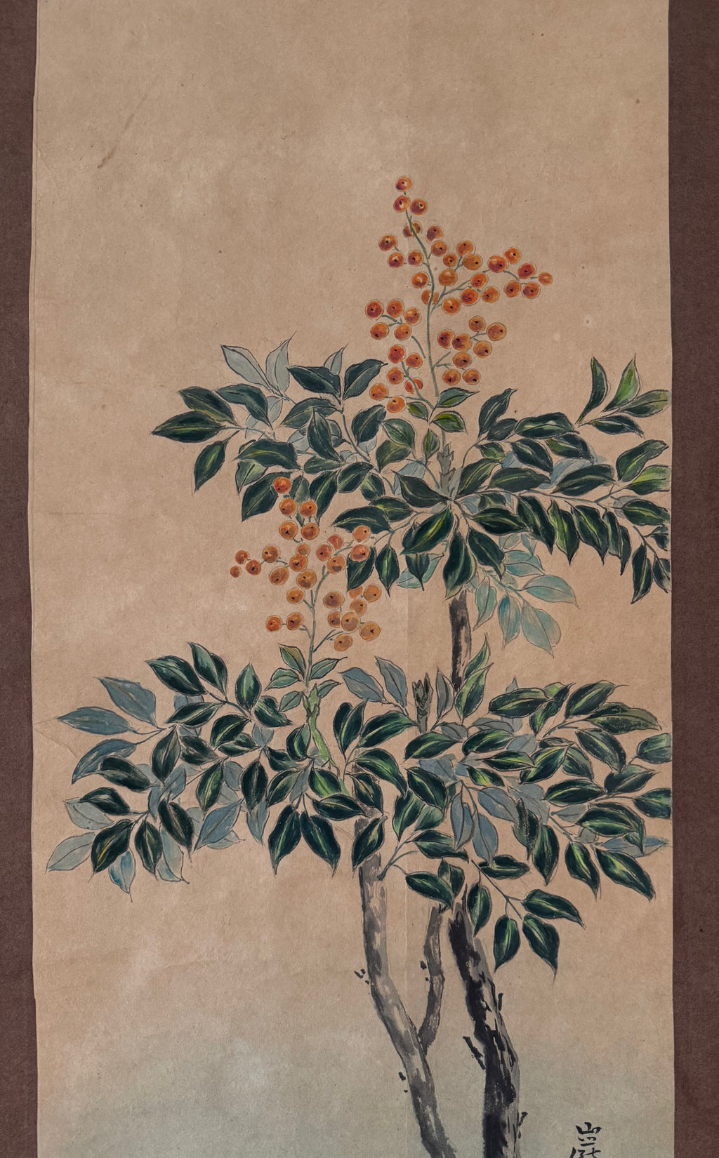 Japanese Nanten & Mandarin Ducks Hanging Scroll – Vintage Showa Nihonga Kakemono