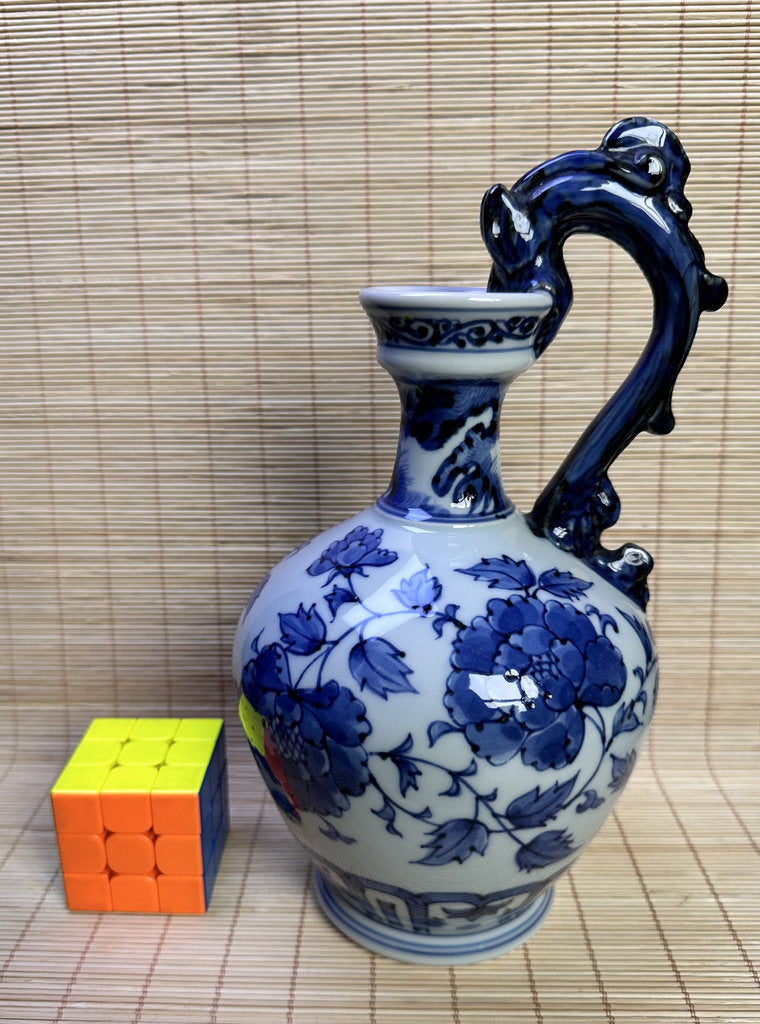 Vintage Japanese Blue and White Porcelain Ewer, Dragon Handle Peony Design