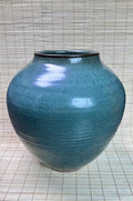 Vintage Japanese Studio Vase, Deep Blue-Teal Flowing Glaze, Signed