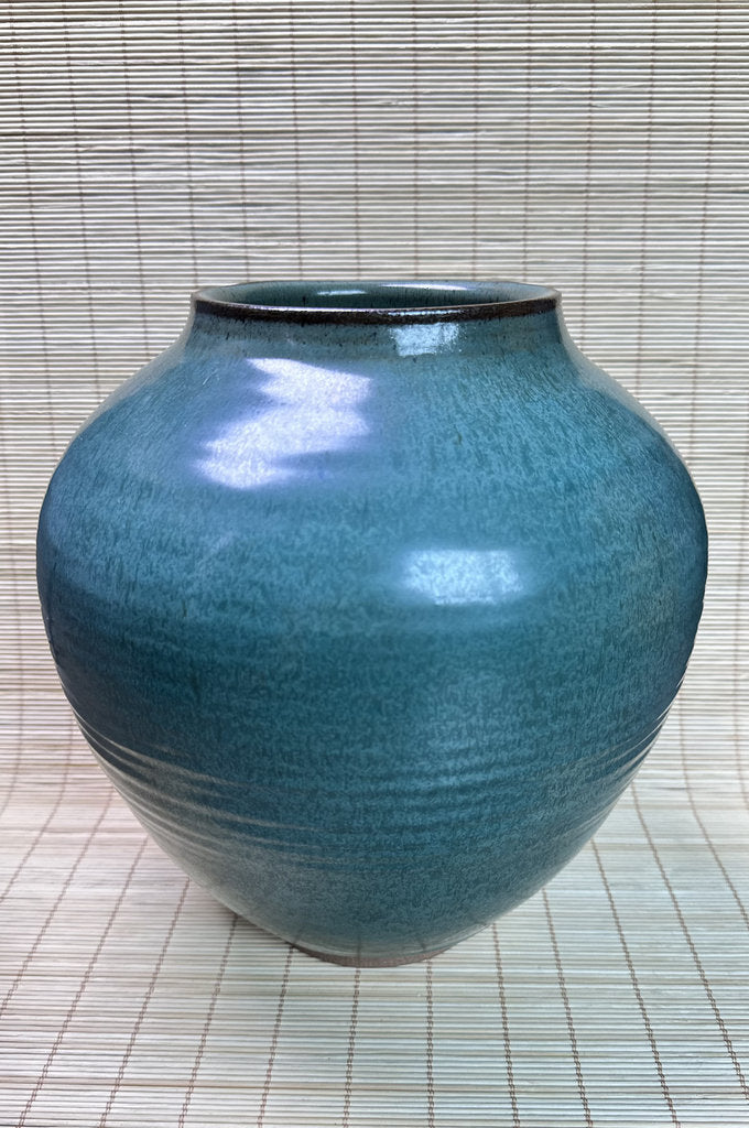 Vintage Japanese Studio Vase, Deep Blue-Teal Flowing Glaze, Signed