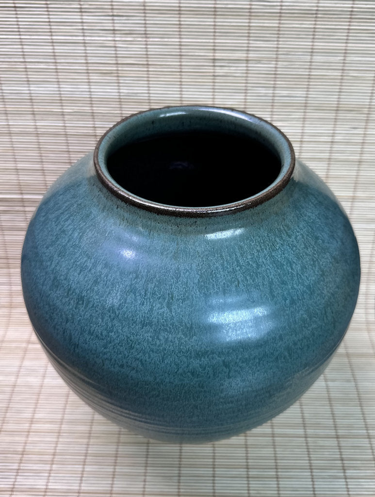 Vintage Japanese Studio Vase, Deep Blue-Teal Flowing Glaze, Signed