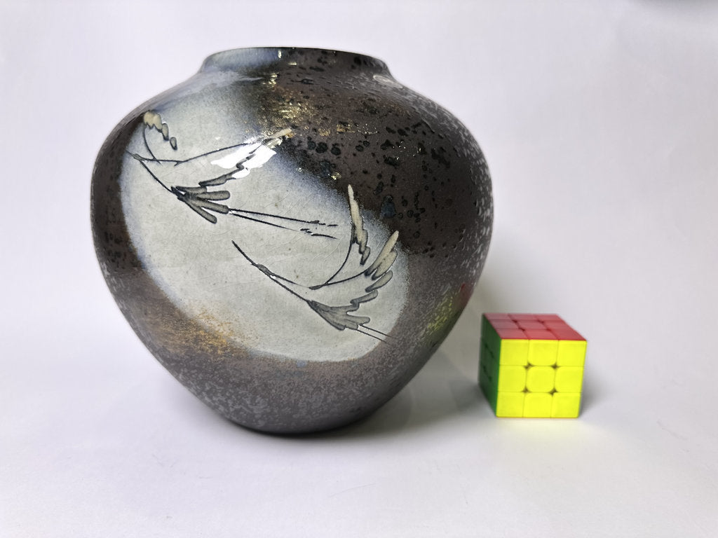Vintage Shigaraki Ware Vase, Ash-Glazed with Hand-Painted Pampas Grass