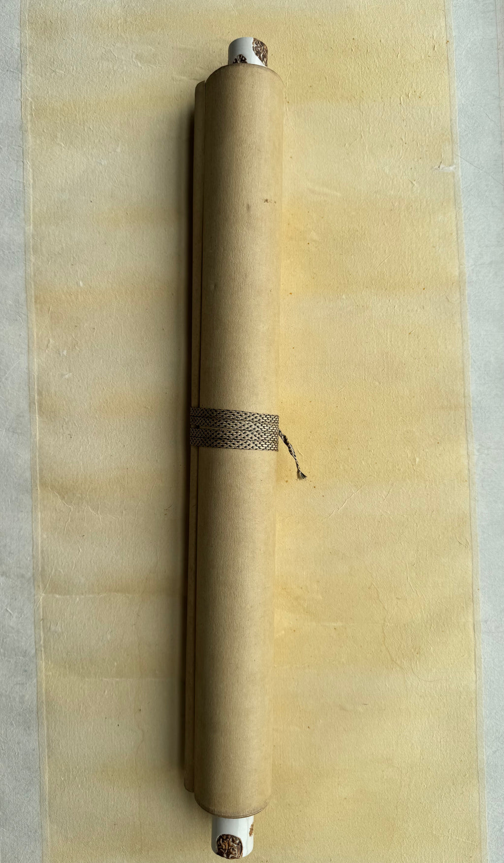 Vintage Japanese Kakemono Sumi-e Landscape Scroll with Figure & Horse – Hand Painted Ink on Paper, Porcelain Roller