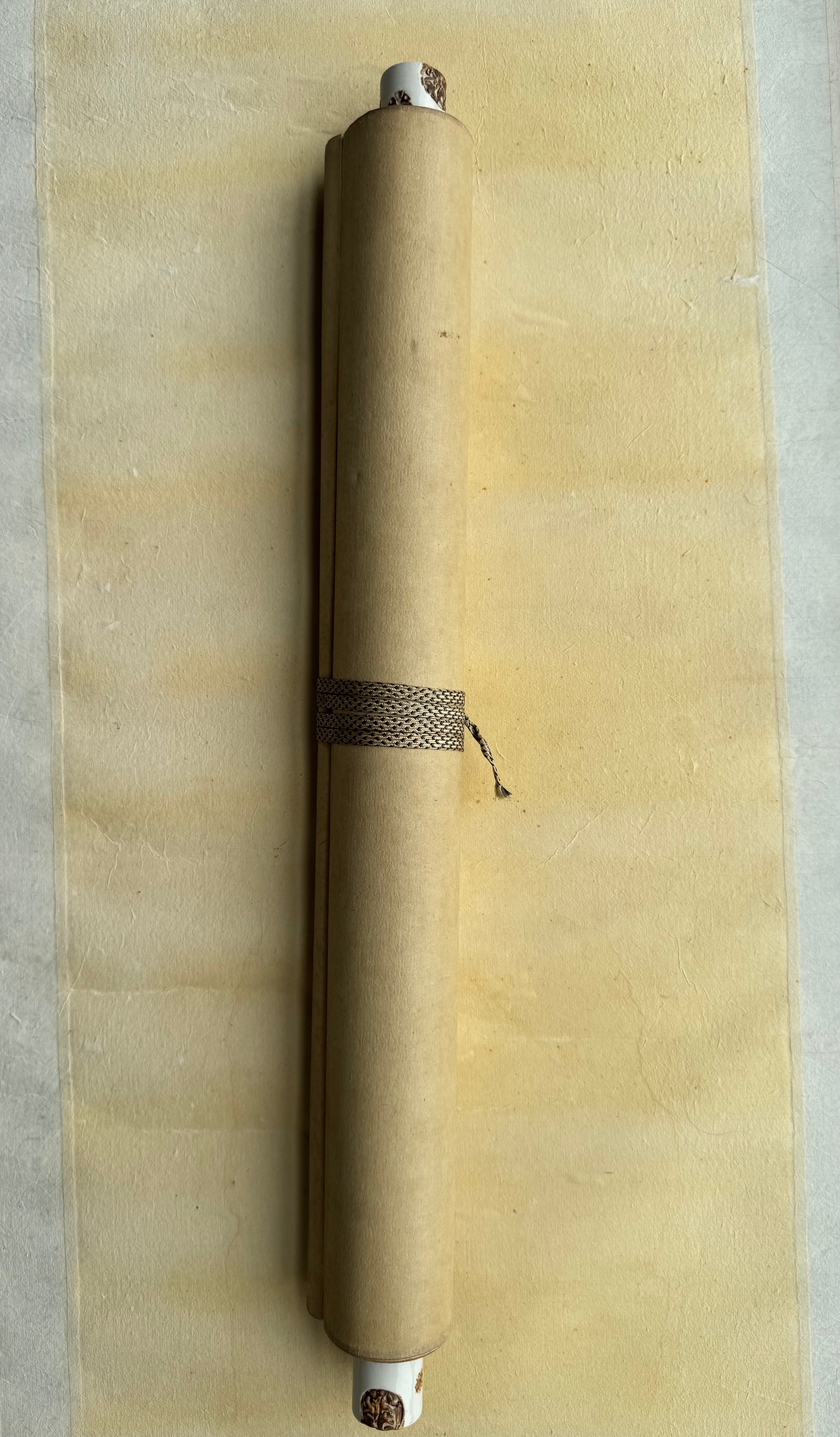 Vintage Japanese Kakemono Sumi-e Landscape Scroll with Figure & Horse – Hand Painted Ink on Paper, Porcelain Roller