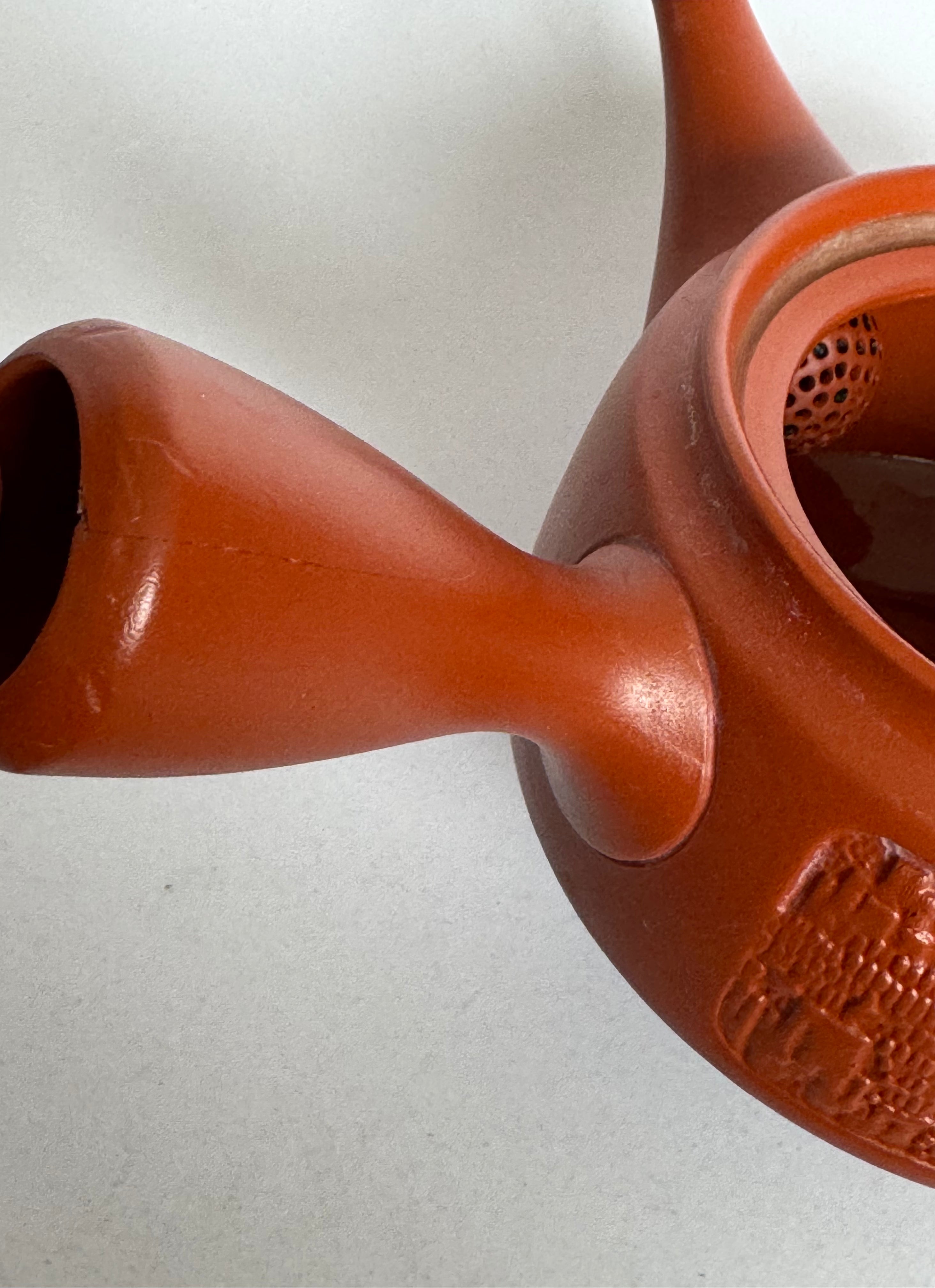 Vintage Tokoname Teapot with Carved Landscape Scene – Japanese Red Clay Kyusu