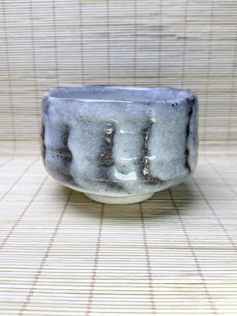 Vintage Japanese Chawan, Shino-Inspired Matcha Tea Bowl, Milky Blue-White Glaze, Iron Stripes, Faceted Body
