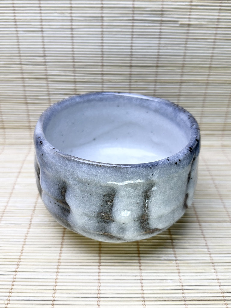 Vintage Japanese Chawan, Shino-Inspired Matcha Tea Bowl, Milky Blue-White Glaze, Iron Stripes, Faceted Body
