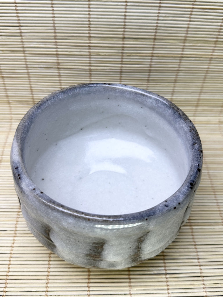 Vintage Japanese Chawan, Shino-Inspired Matcha Tea Bowl, Milky Blue-White Glaze, Iron Stripes, Faceted Body