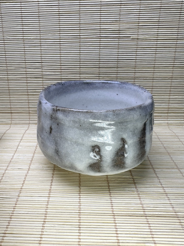 Vintage Japanese Chawan, Shino-Inspired Matcha Tea Bowl, Milky Blue-White Glaze, Iron Stripes, Faceted Body