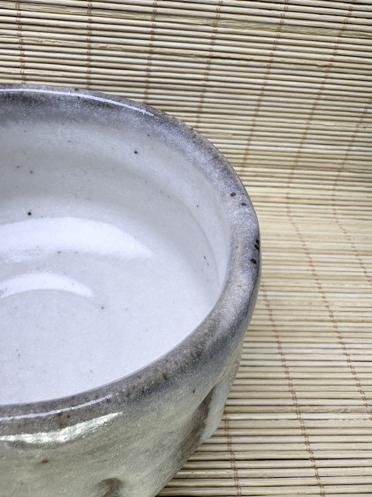 Vintage Japanese Chawan, Shino-Inspired Matcha Tea Bowl, Milky Blue-White Glaze, Iron Stripes, Faceted Body