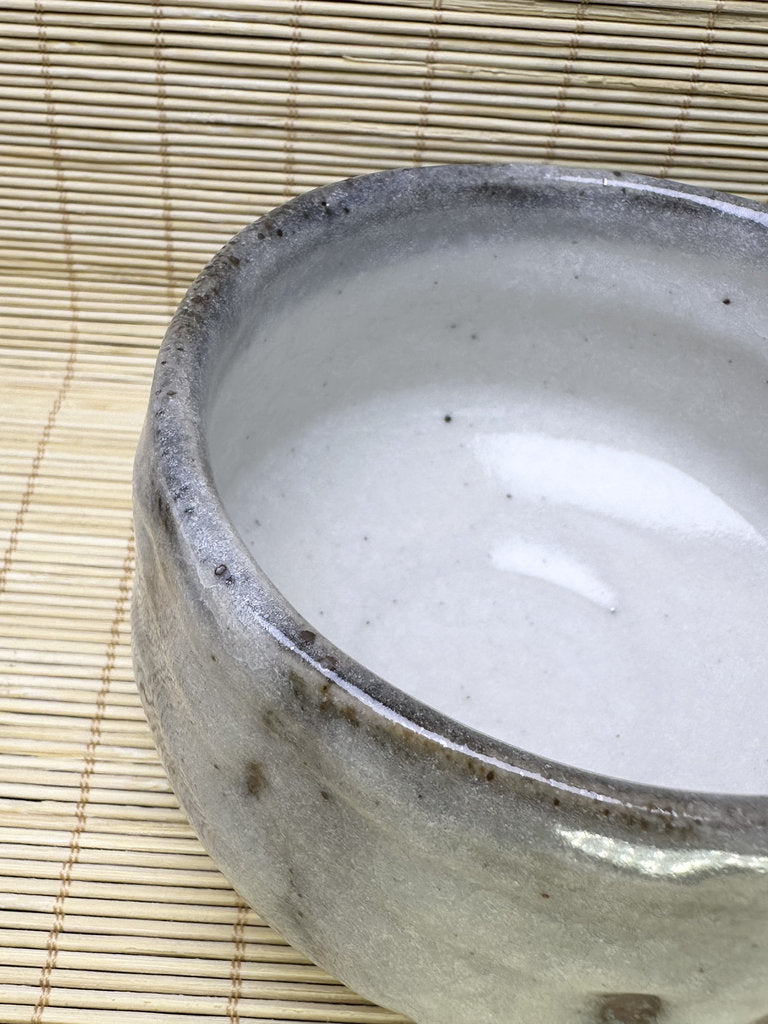 Vintage Japanese Chawan, Shino-Inspired Matcha Tea Bowl, Milky Blue-White Glaze, Iron Stripes, Faceted Body