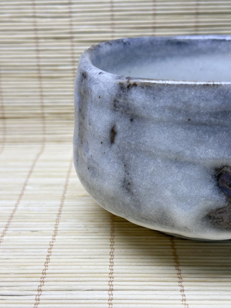 Vintage Japanese Chawan, Shino-Inspired Matcha Tea Bowl, Milky Blue-White Glaze, Iron Stripes, Faceted Body
