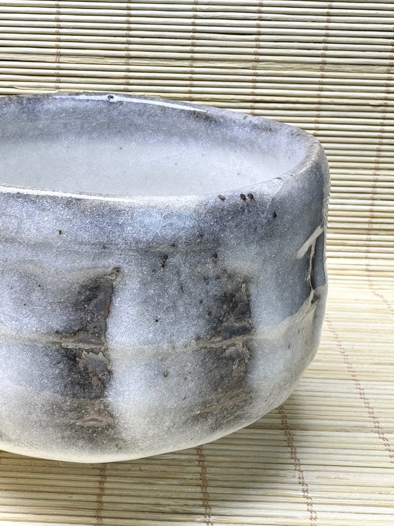 Vintage Japanese Chawan, Shino-Inspired Matcha Tea Bowl, Milky Blue-White Glaze, Iron Stripes, Faceted Body