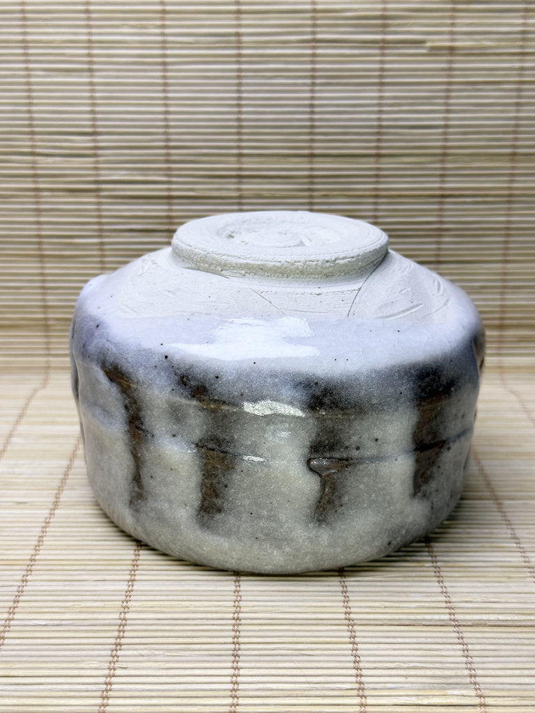 Vintage Japanese Chawan, Shino-Inspired Matcha Tea Bowl, Milky Blue-White Glaze, Iron Stripes, Faceted Body