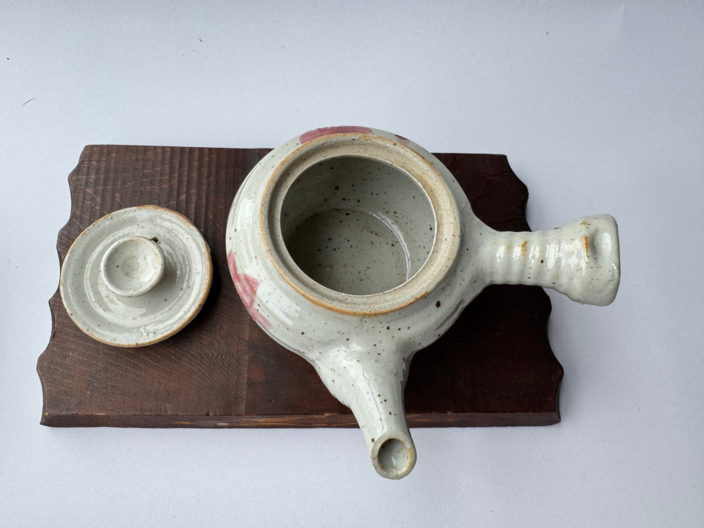 Vintage Japanese Kyusu Teapot – Hand-Painted Floral Motif, Opaque White Glaze, Rustic Ceramic
