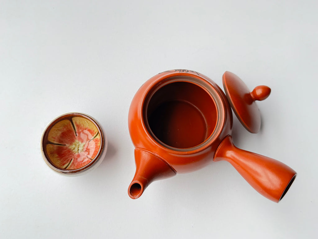 Vintage Tokoname Kyusu Teapot – Hand-Carved Peony Motif, Red Clay, Japanese Green Tea Pot