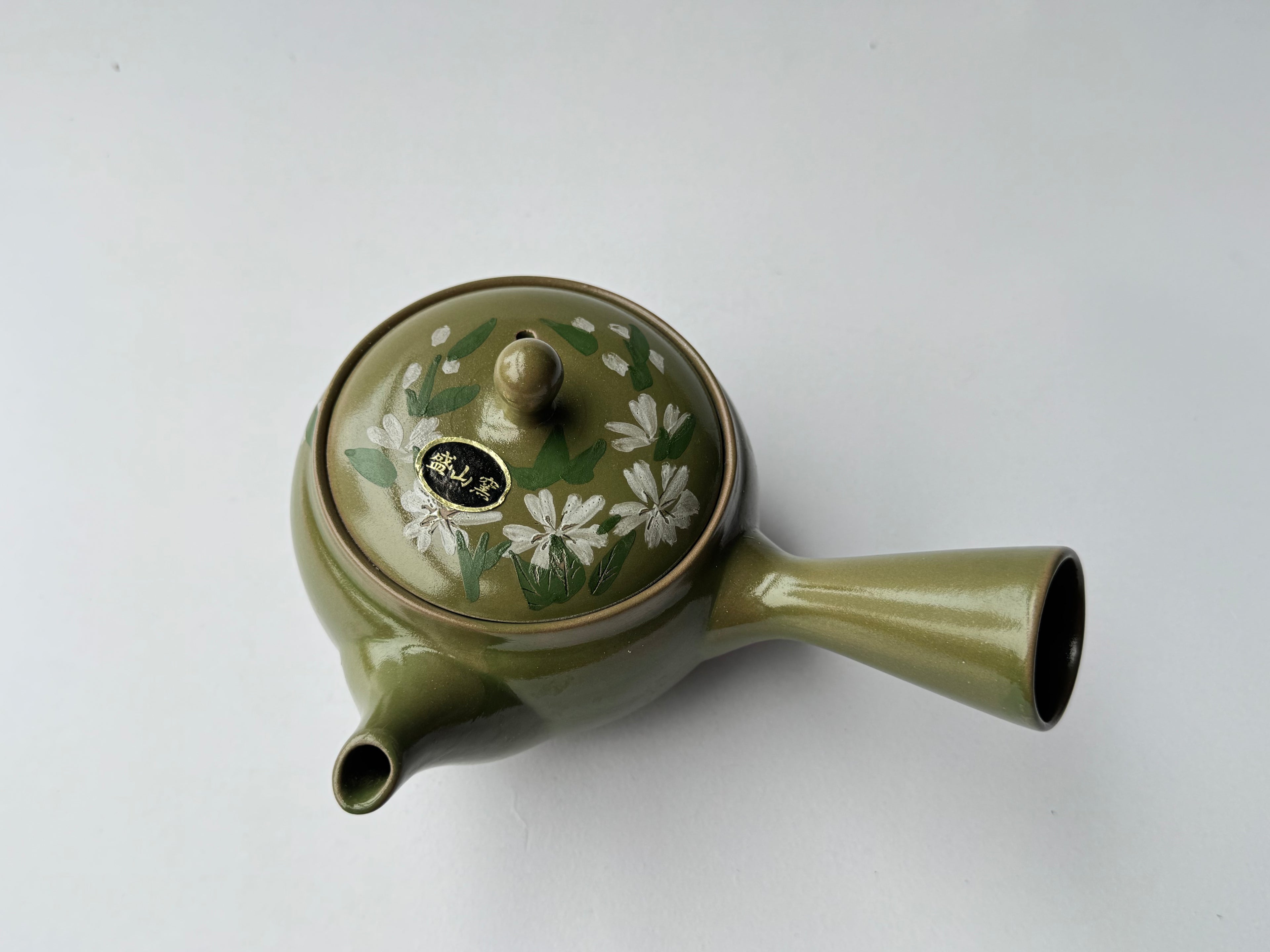 Vintage Japanese Kyusu Teapot – Hand-Painted Floral Motif, Moss Green Glaze, Metal Mesh Filter