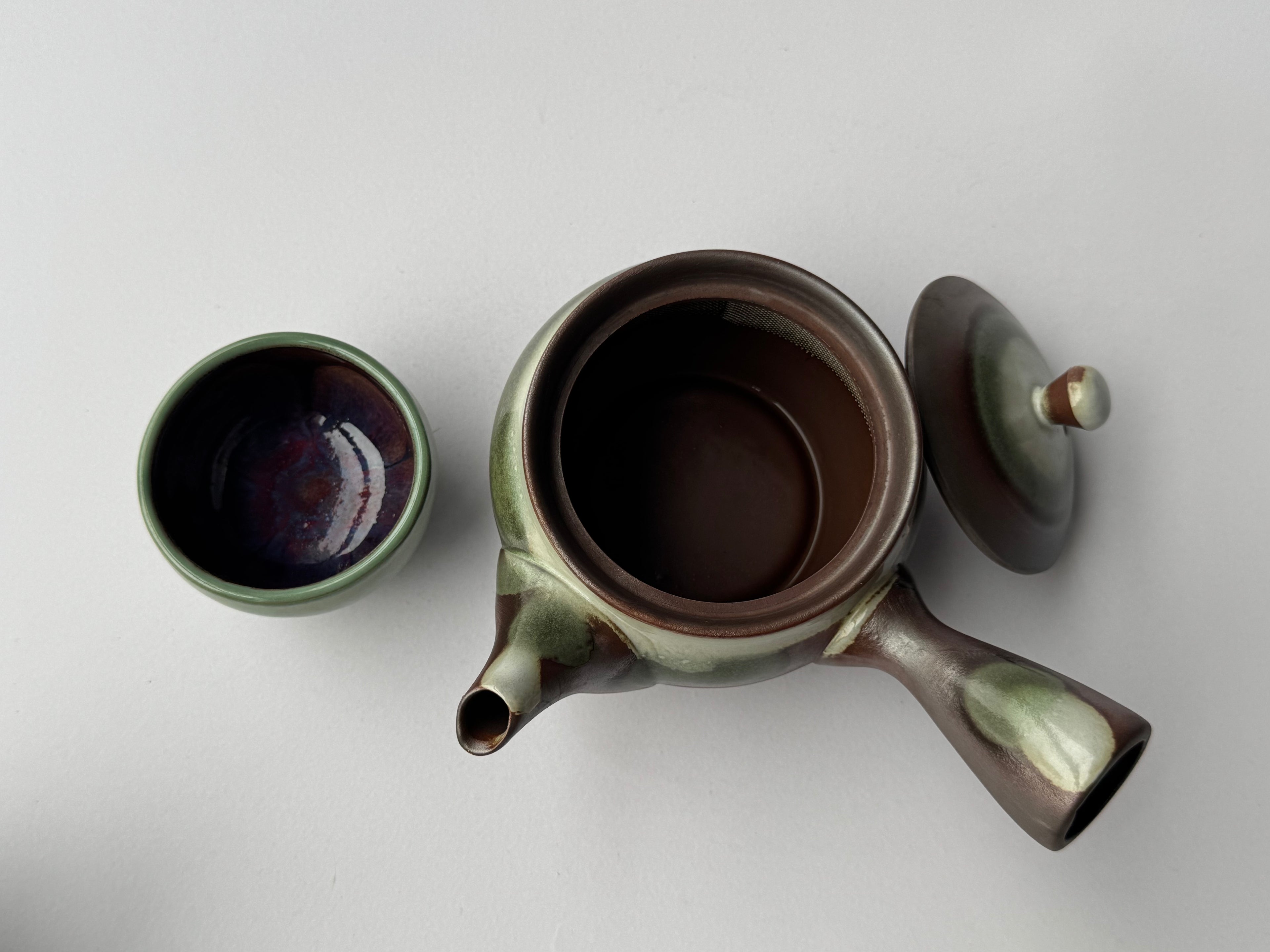 Vintage Japanese Stoneware Teapot – Green & Brown Glaze, Rustic Kyusu with Mesh Filter