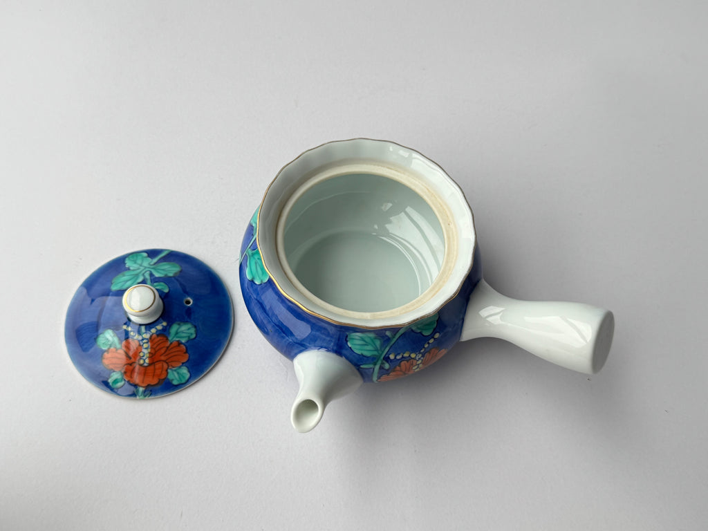 Vintage Arita Porcelain Teapot – Hand-Painted Floral Design, Blue Glaze Kyusu