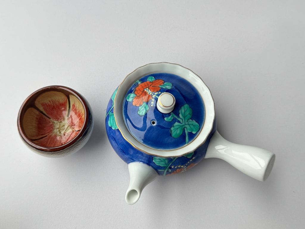 Vintage Arita Porcelain Teapot – Hand-Painted Floral Design, Blue Glaze Kyusu