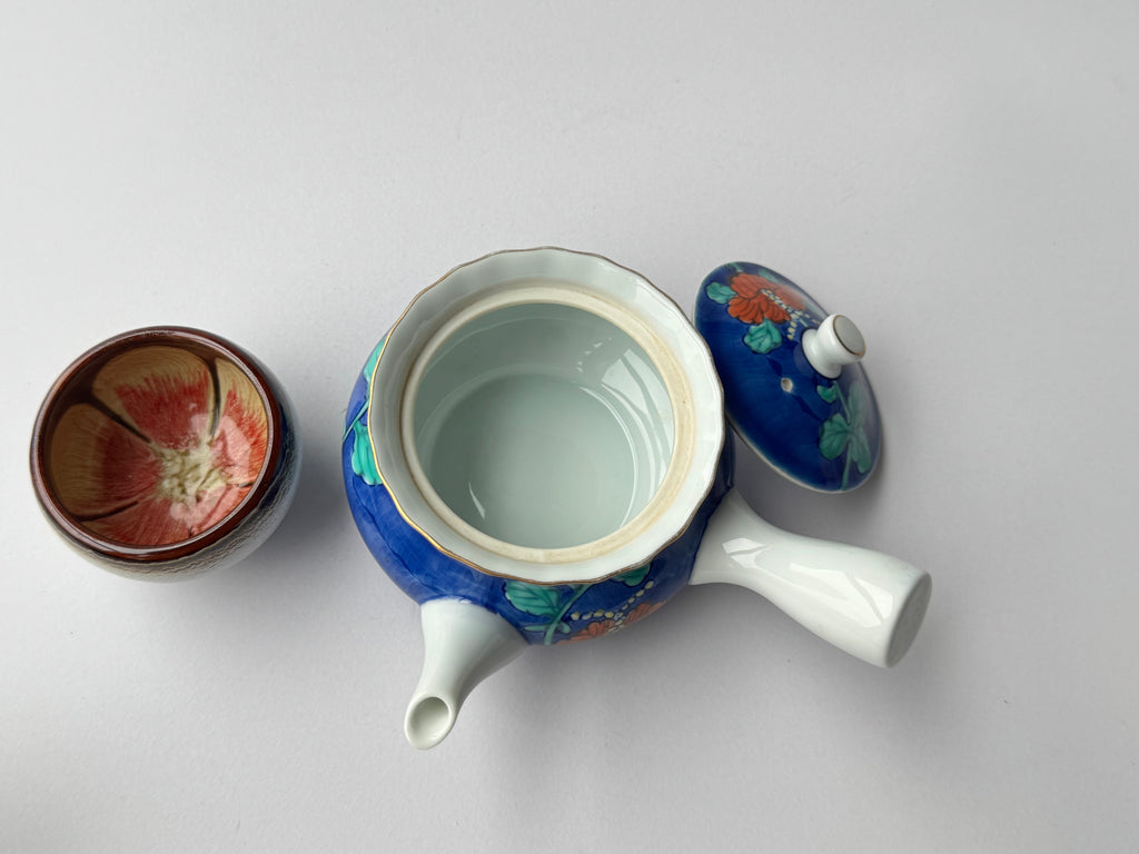 Vintage Arita Porcelain Teapot – Hand-Painted Floral Design, Blue Glaze Kyusu
