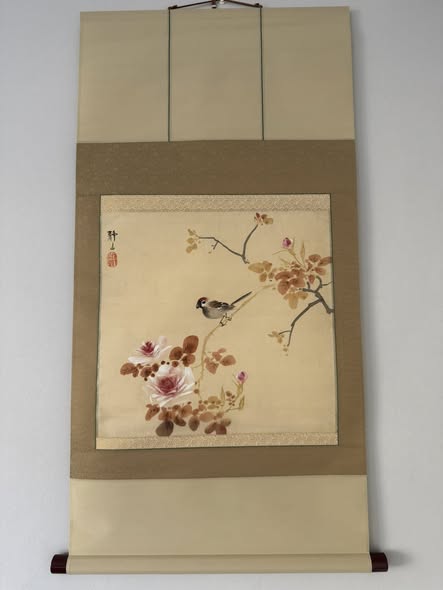 Japanese Kakemono Scroll | Bird & Peony Painting | Hand-Painted Symbol of Grace