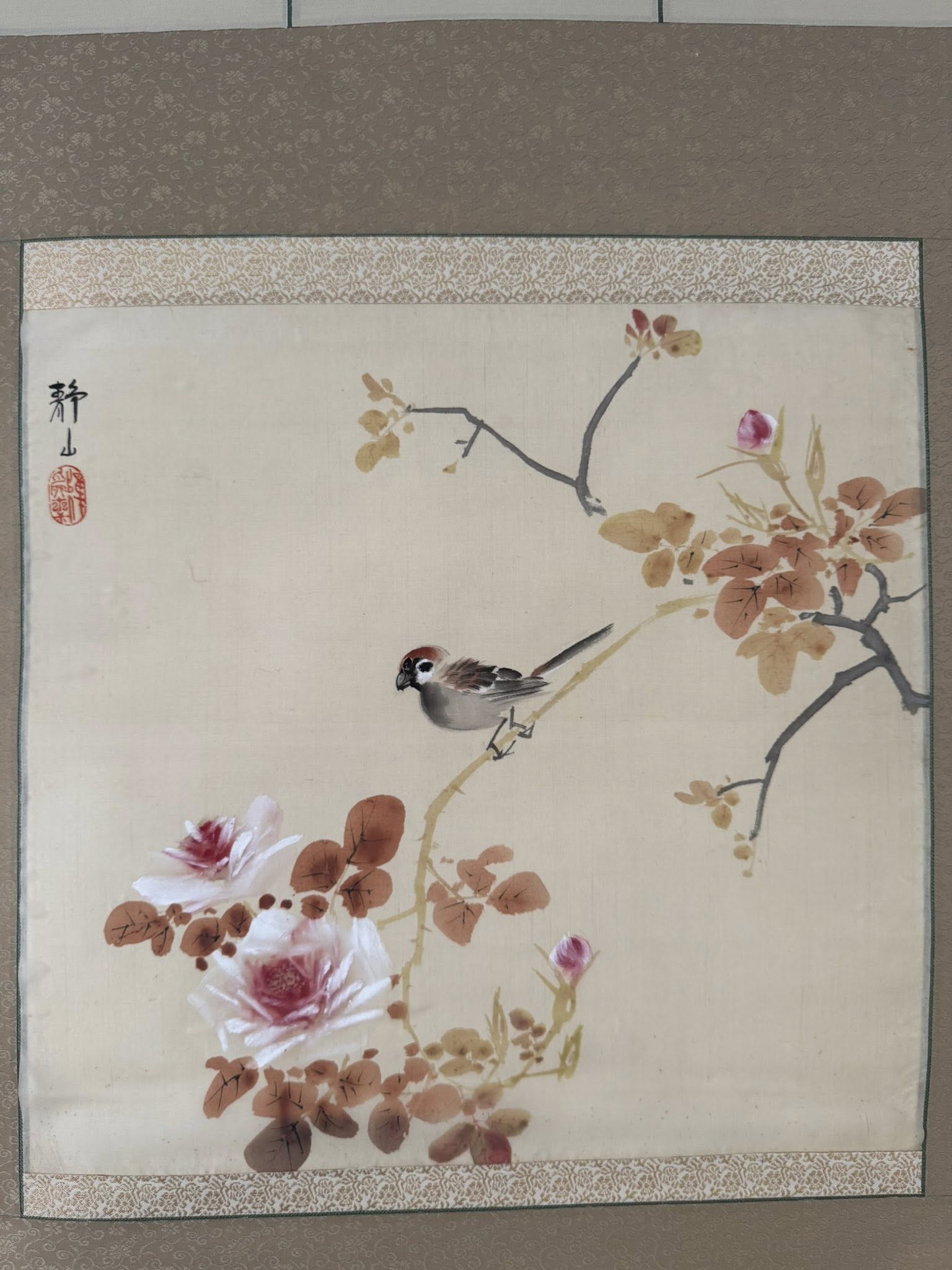 Japanese Kakemono Scroll | Bird & Peony Painting | Hand-Painted Symbol of Grace