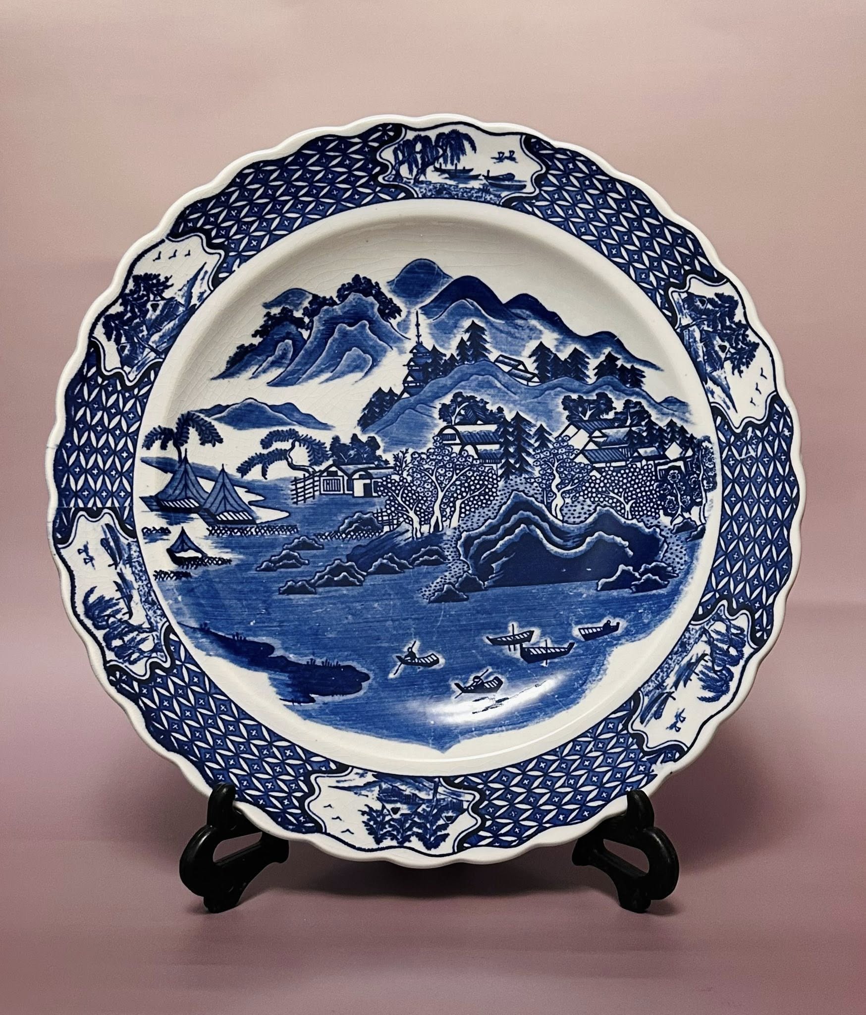 Arita Blue Glaze Scenic Plate – Hand-Painted Japanese Ceramic Art