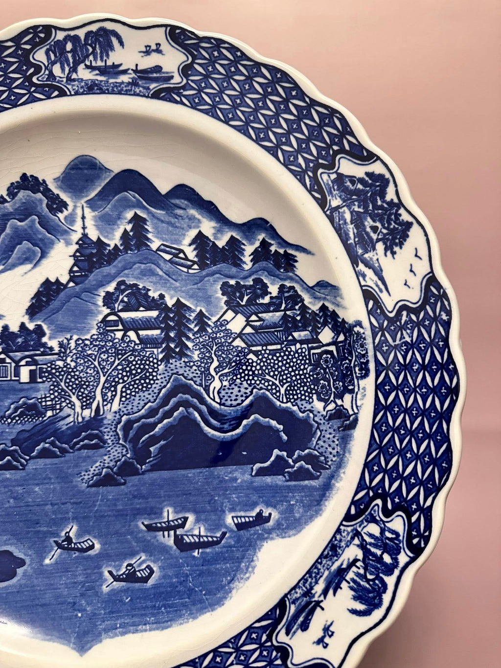 Arita Blue Glaze Scenic Plate – Hand-Painted Japanese Ceramic Art