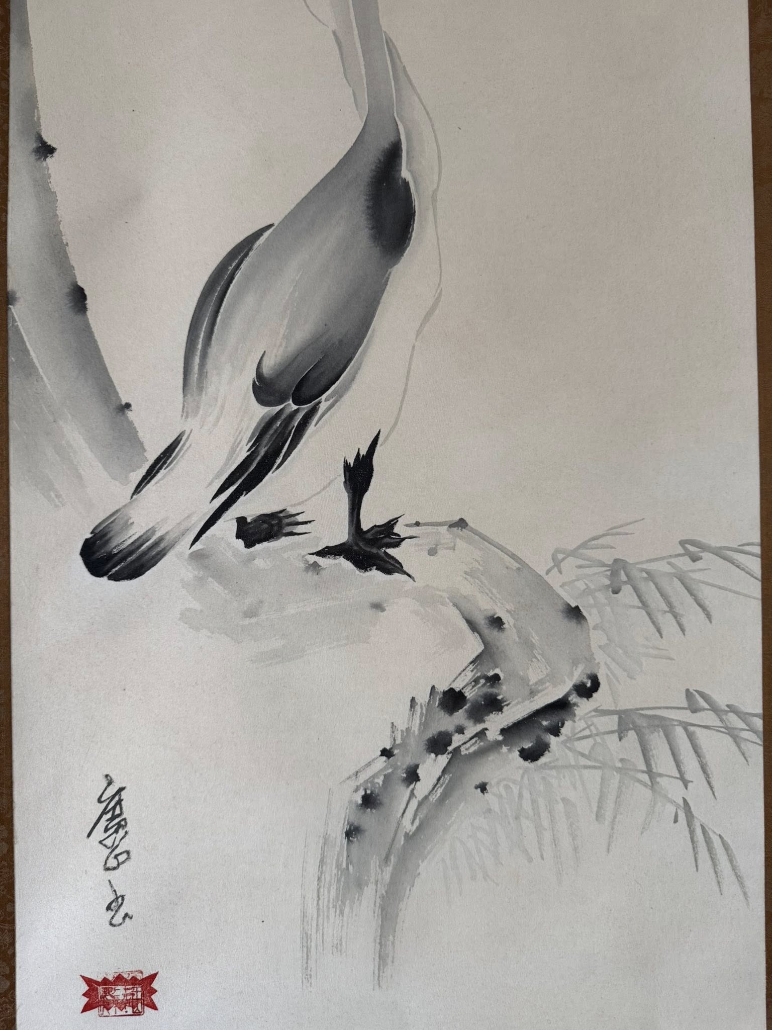 Japanese Heron Scroll Painting - Hand-Painted Kakemono of Serenity & Grace