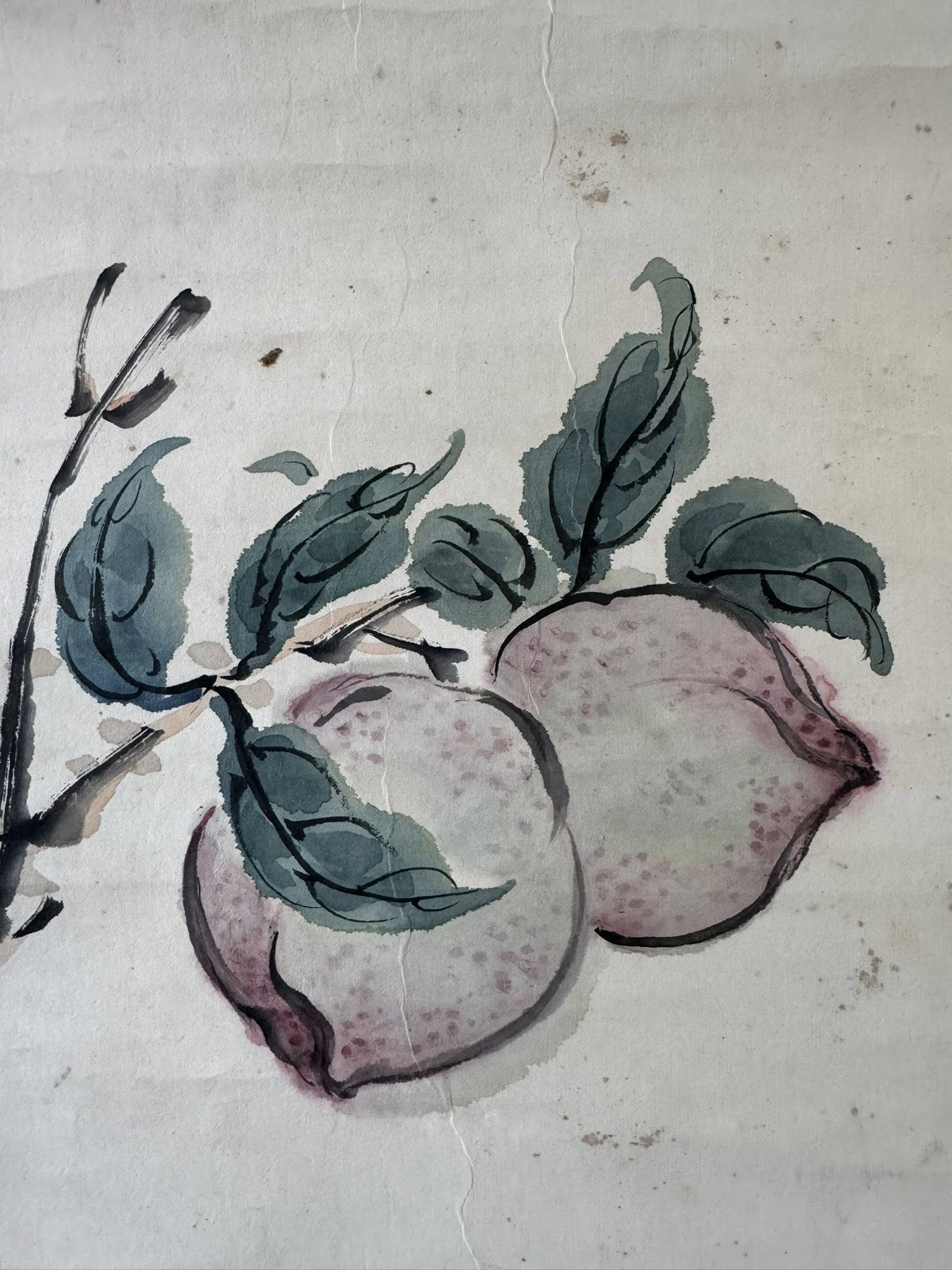 Vintage Japanese Hand-Painted Scroll | Peaches & Reishi Mushroom Kakemono