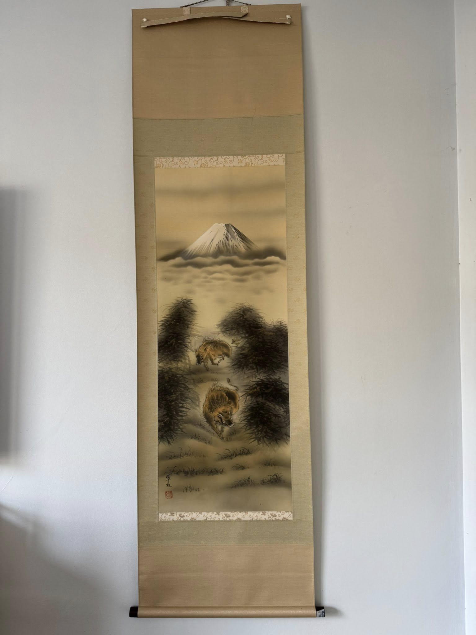 Japanese Kakemono Scroll | Mount Fuji & Wild Boar Painting | Symbol of Strength