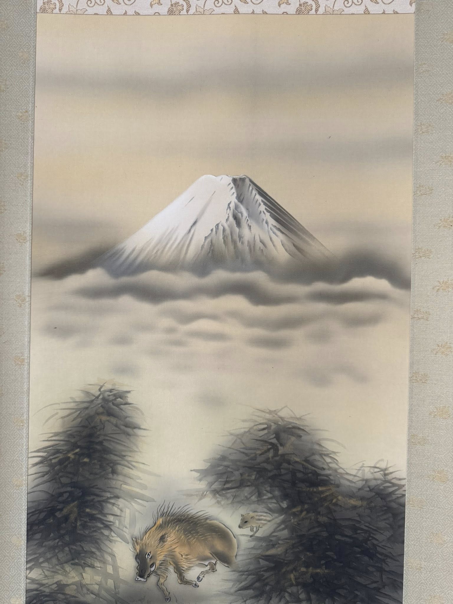Japanese Kakemono Scroll | Mount Fuji & Wild Boar Painting | Symbol of Strength