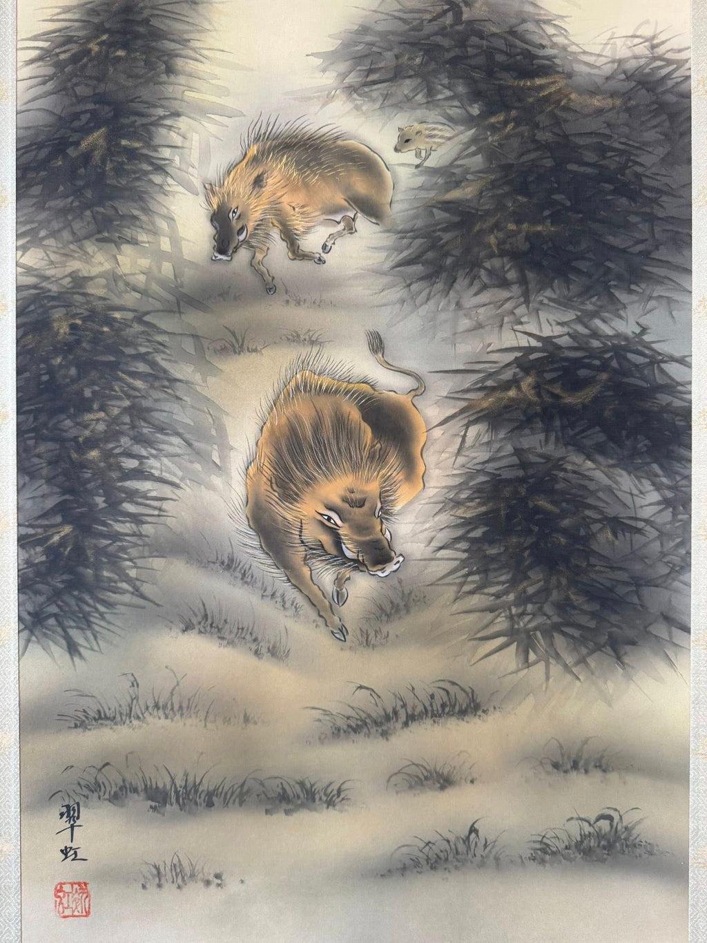 Japanese Kakemono Scroll | Mount Fuji & Wild Boar Painting | Symbol of Strength