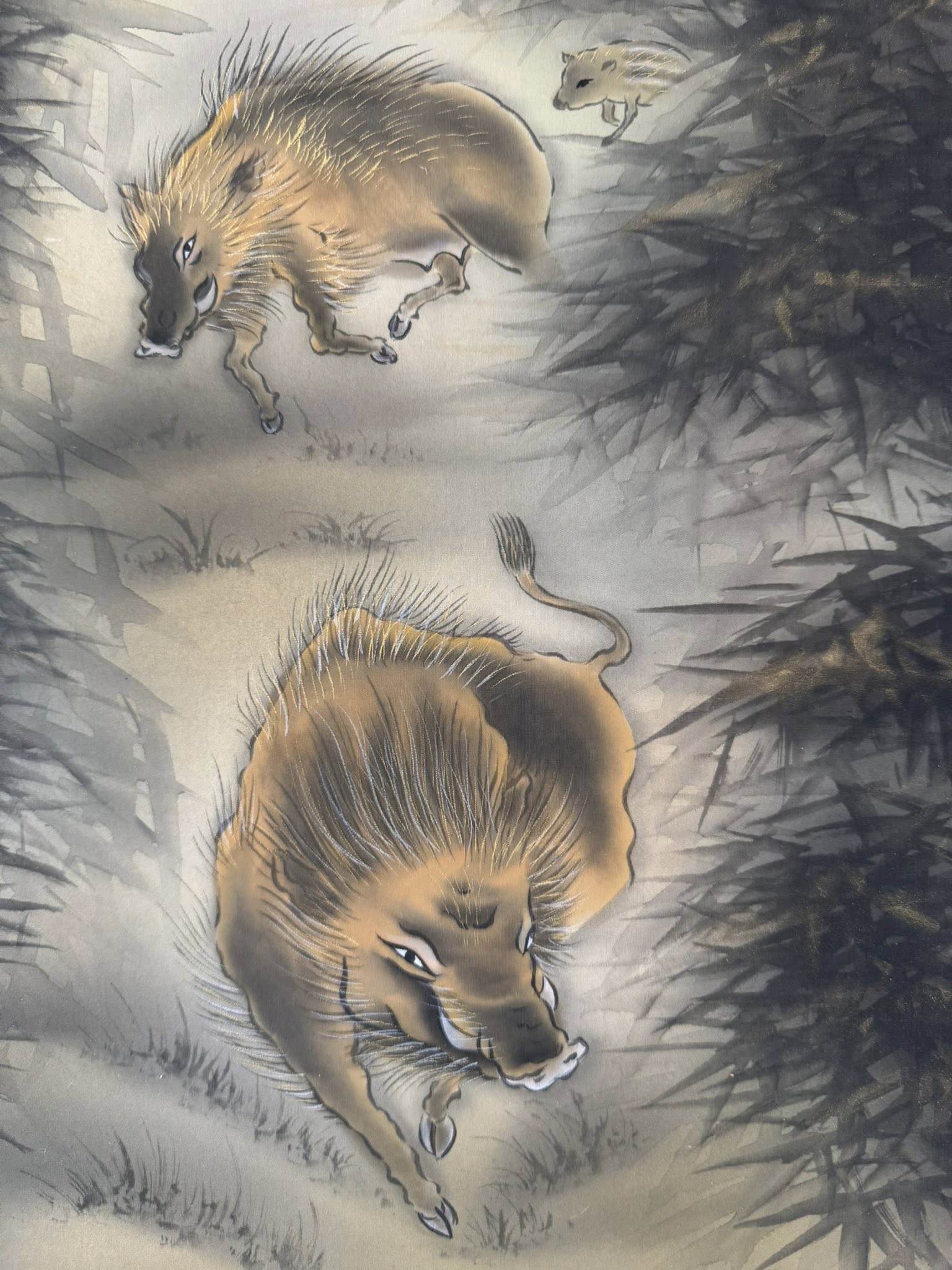 Japanese Kakemono Scroll | Mount Fuji & Wild Boar Painting | Symbol of Strength