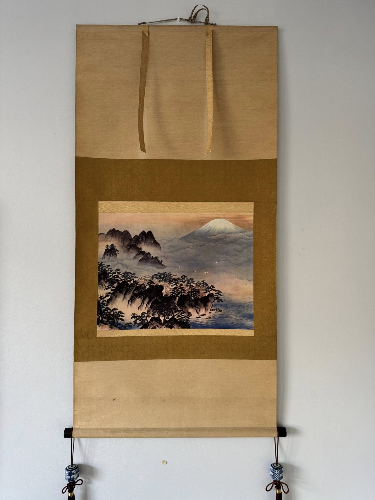 Vintage Japanese Woodblock Print Scroll | Mount Fuji & Cranes Kakemono